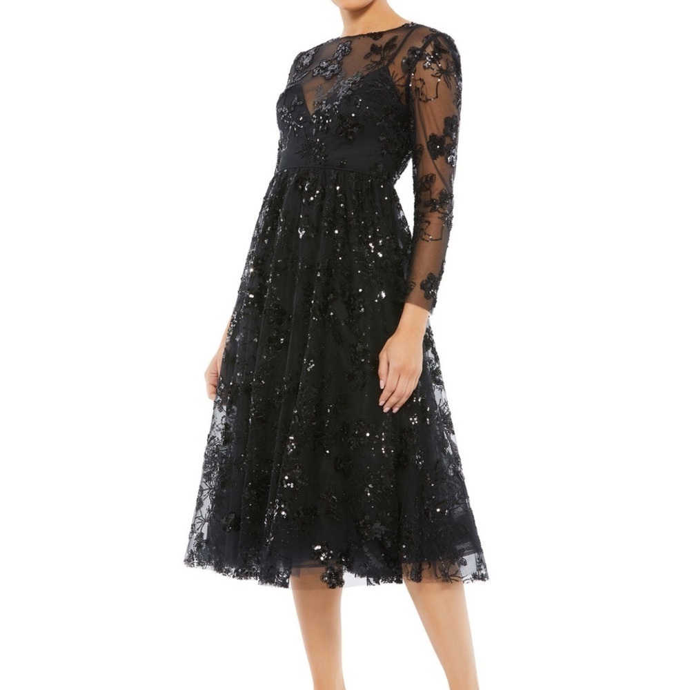Elegant Black Sequin Lace Midi Dress
